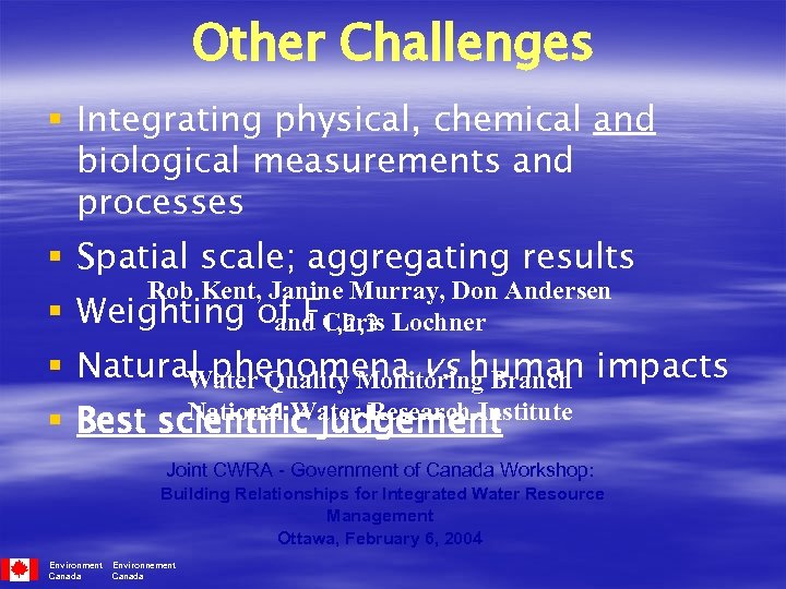 Other Challenges § Integrating physical, chemical and biological measurements and processes § Spatial scale;