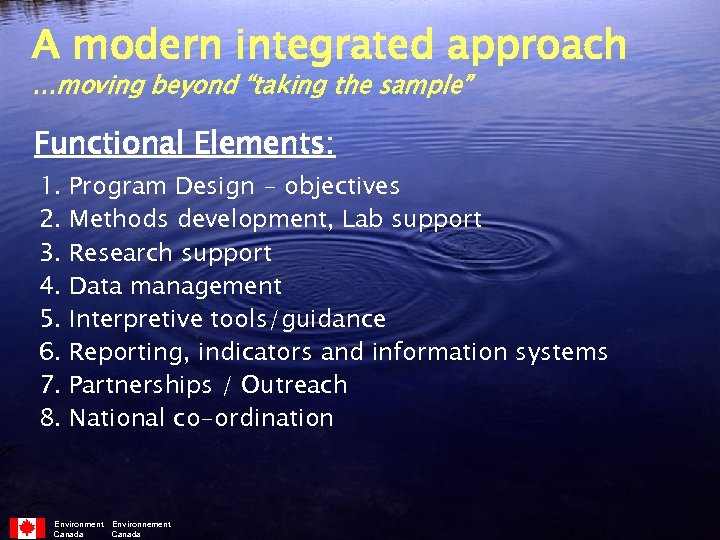 A modern integrated approach …moving beyond “taking the sample” Functional Elements: 1. Program Design