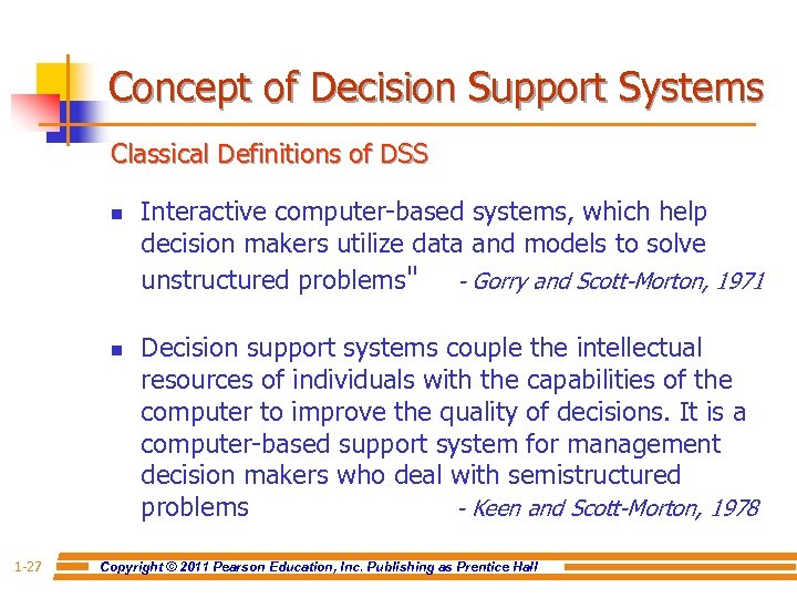 Concept of Decision Support Systems Classical Definitions of DSS n n 1 -27 Interactive