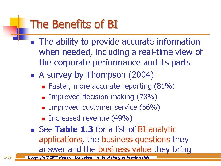 The Benefits of BI n n The ability to provide accurate information when needed,