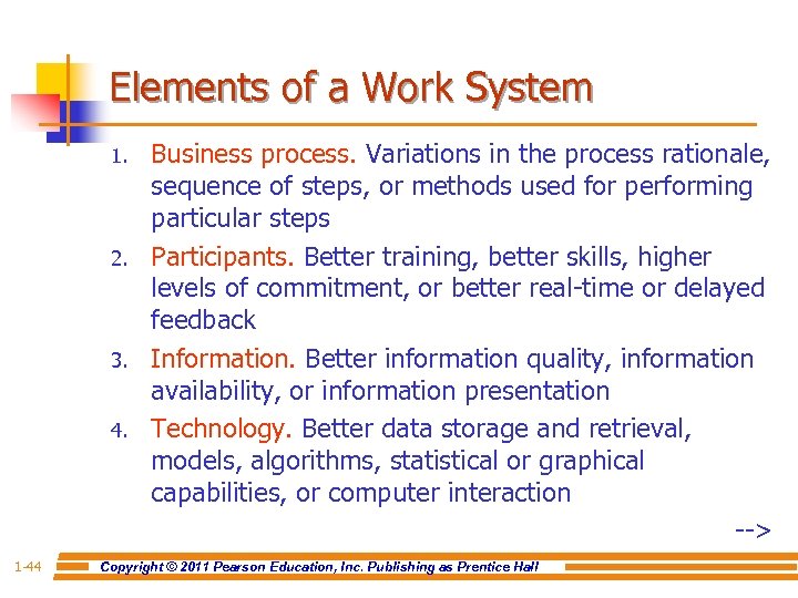 Elements of a Work System 1. 2. 3. 4. 1 -44 Business process. Variations