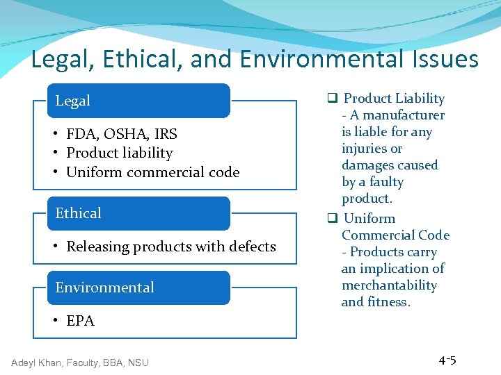 Legal, Ethical, and Environmental Issues Legal • FDA, OSHA, IRS • Product liability •