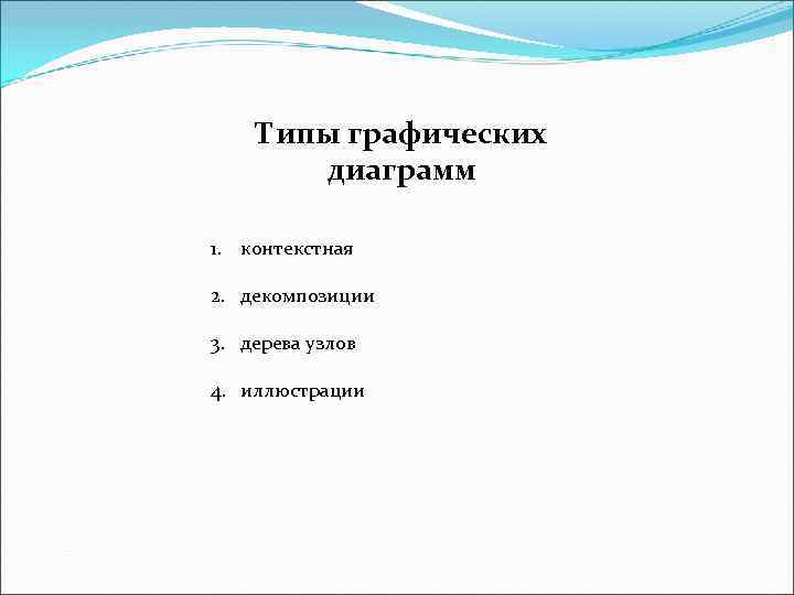 Типы графических диаграмм 1. контекстная 2. декомпозиции 3. дерева узлов 4. иллюстрации 