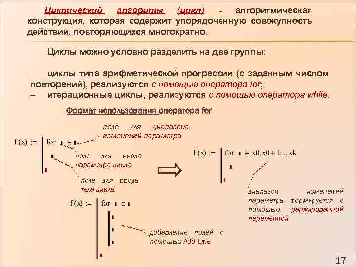 Циклический алгоритм (цикл) алгоритмическая конструкция, которая содержит упорядоченную совокупность действий, повторяющихся многократно. Циклы можно