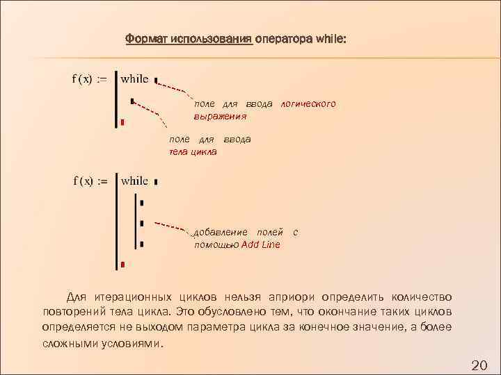 Формат использования оператора while: поле для ввода логического выражения поле для ввода тела цикла