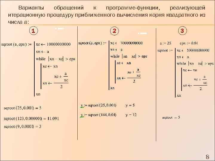 Варианты обращений к программе-функции, реализующей итерационную процедуру приближенного вычисления корня квадратного из числа а: