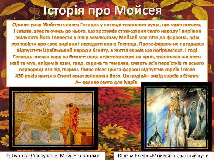 Історія про Мойсея О. Іванов «Спілкування Мойсея з Богом» Вільям Блейк «Мойсей і палаючий