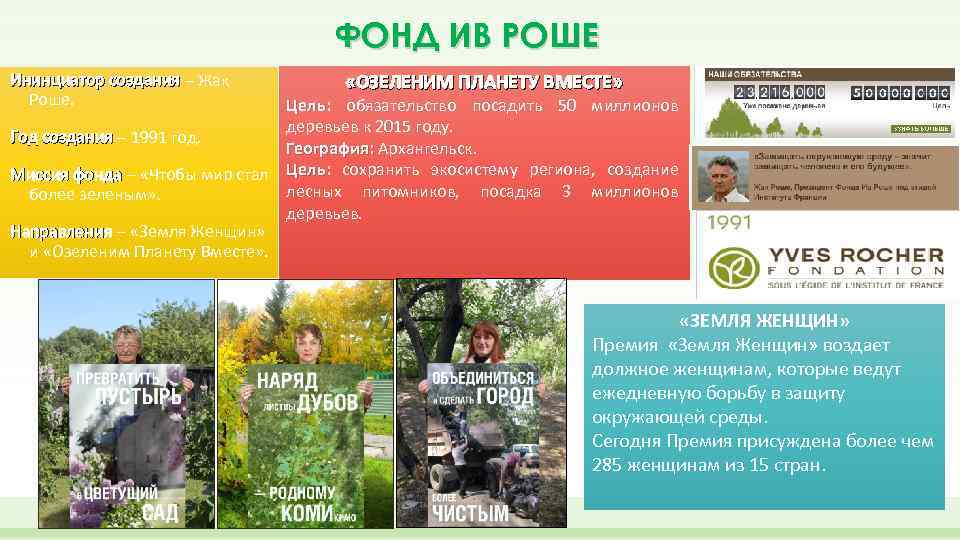 ФОНД ИВ РОШЕ Ининциатор создания – Жак Ининциатор создания Роше. «ОЗЕЛЕНИМ ПЛАНЕТУ ВМЕСТЕ» Цель: