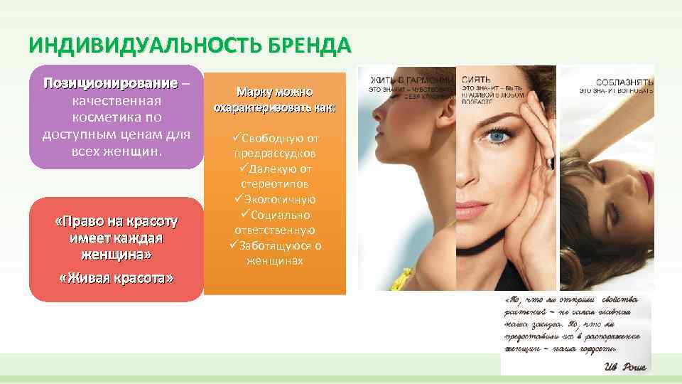 ИНДИВИДУАЛЬНОСТЬ БРЕНДА Позиционирование – Позиционирование качественная косметика по доступным ценам для всех женщин. «Право
