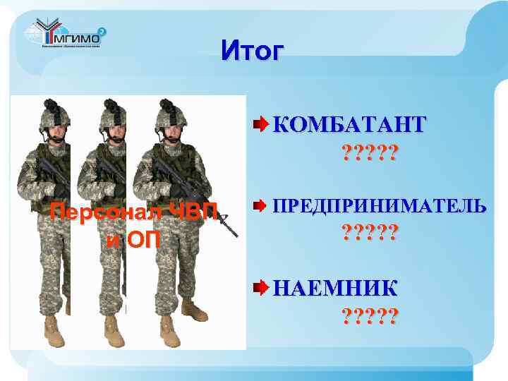 Итог КОМБАТАНТ ? ? ? Персонал ЧВП и ОП ПРЕДПРИНИМАТЕЛЬ ? ? ? НАЕМНИК