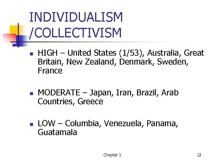INDIVIDUALISM /COLLECTIVISM n n n HIGH – United States (1/53), Australia, Great Britain, New
