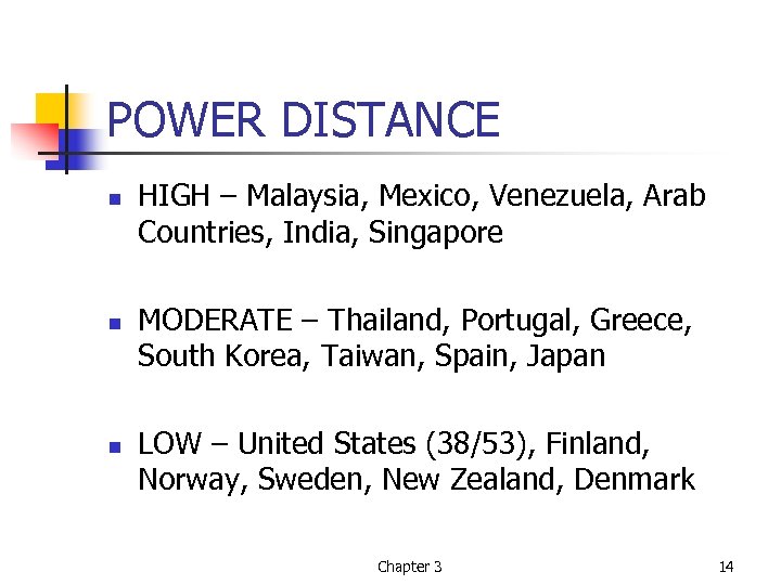 POWER DISTANCE n n n HIGH – Malaysia, Mexico, Venezuela, Arab Countries, India, Singapore