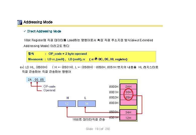 Addressing Mode ü Direct Addressing Mode 16 bit Register에 직접 데이터를 Load하는 명령어로서 확장
