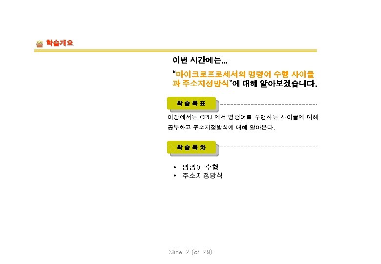 학습개요 이번 시간에는. . . “마이크로프로세서의 명령어 수행 사이클 과 주소지정방식”에 대해 알아보겠습니다. 학습목표