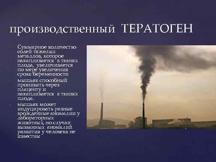 производственный ТЕРАТОГЕН Суммарное количество солей тяжелых металлов, которое накапливается в тканях плода, увеличивается по