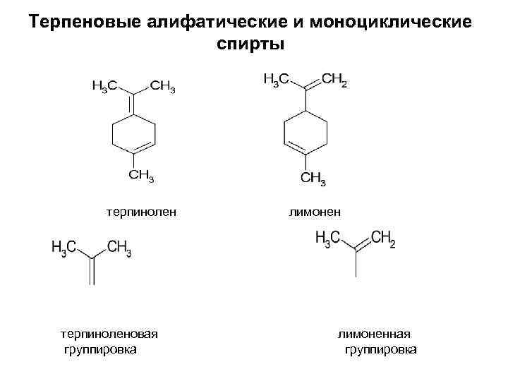 Терпеновые алифатические и моноциклические спирты терпиноленовая группировка лимоненная группировка 