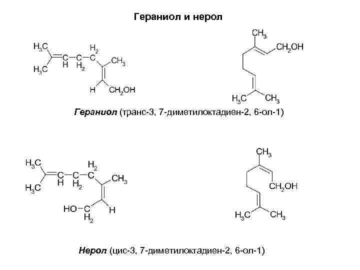 Гераниол и нерол Гераниол (транс-3, 7 -диметилоктадиен-2, 6 -ол-1) Нерол (цис-3, 7 -диметилоктадиен-2, 6