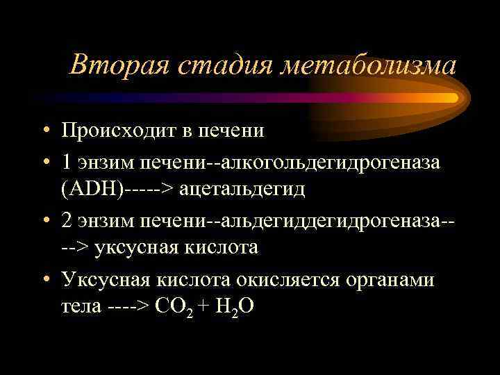 Вторая стадия метаболизма • Происходит в печени • 1 энзим печени--алкогольдегидрогеназа (ADH)-----> ацетальдегид •