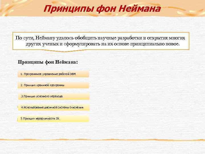 Принципы фон Неймана По сути, Нейману удалось обобщить научные разработки и открытия многих других