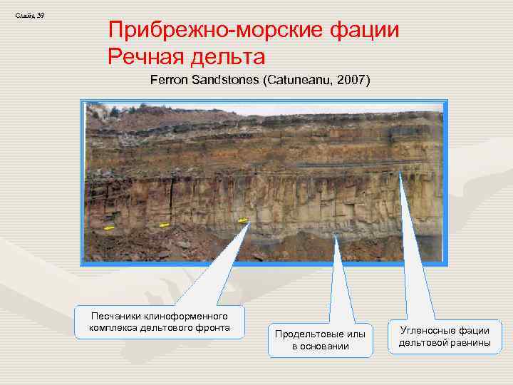 Слайд 39 Прибрежно-морские фации Речная дельта Ferron Sandstones (Catuneanu, 2007) Песчаники клиноформенного комплекса дельтового