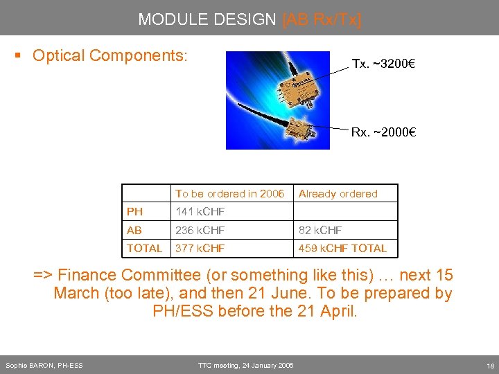 MODULE DESIGN [AB Rx/Tx] § Optical Components: Tx. ~3200€ Rx. ~2000€ To be ordered