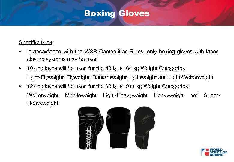 Boxing Gloves Specifications: • In accordance with the WSB Competition Rules, only boxing gloves