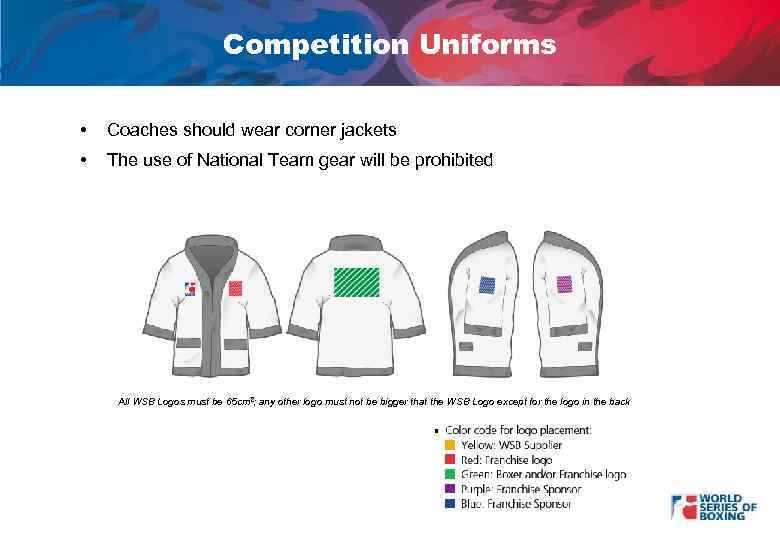 Competition Uniforms • Coaches should wear corner jackets • The use of National Team