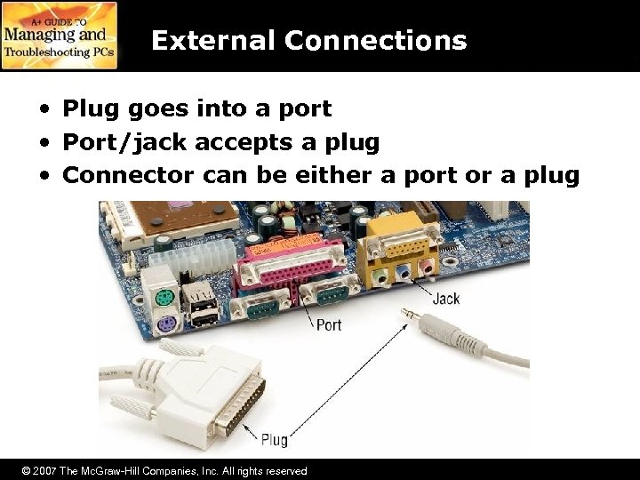 External Connections • Plug goes into a port • Port/jack accepts a plug •