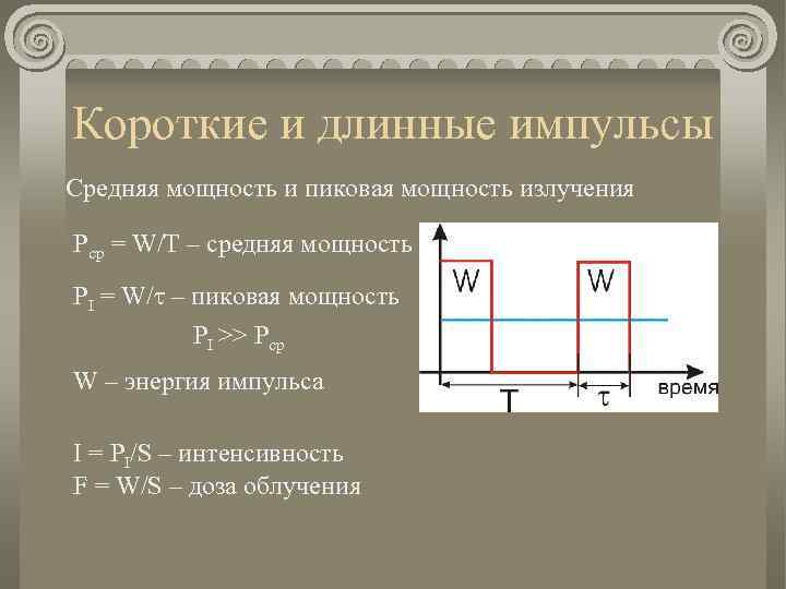 Короткие и длинные импульсы Средняя мощность и пиковая мощность излучения Pср = W/T –