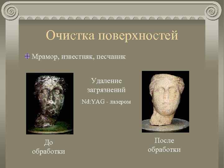 Очистка поверхностей Мрамор, известняк, песчаник Удаление загрязнений Nd: YAG - лазером До обработки После