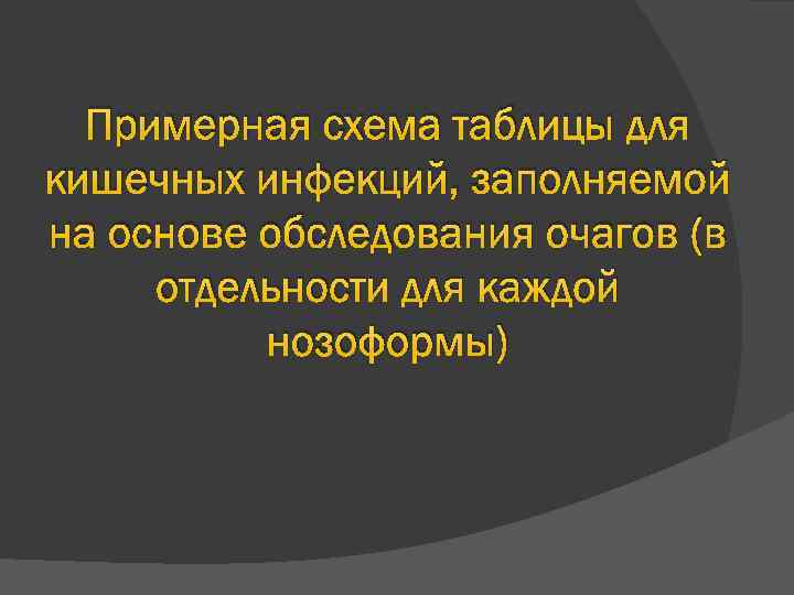 Примерная схема таблицы для кишечных инфекций, заполняемой на основе обследования очагов (в отдельности для