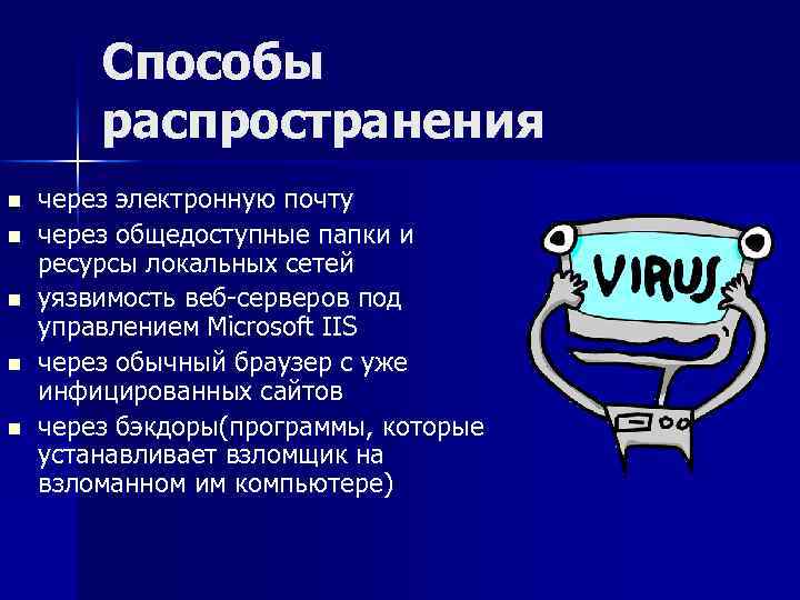 Способы распространения n n n через электронную почту через общедоступные папки и ресурсы локальных