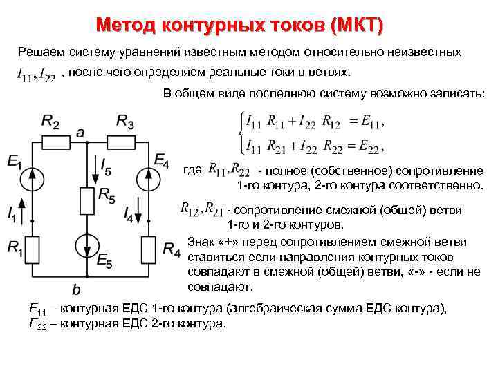 Метод контурных токов (МКТ) Решаем систему уравнений известным методом относительно неизвестных , после чего