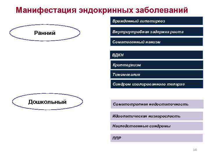 Манифестация эндокринных заболеваний Врожденный гипотиреоз Ранний Внутриутробная задержка роста Соматогенный нанизм ВДКН Крипторхизм Тимомегалия