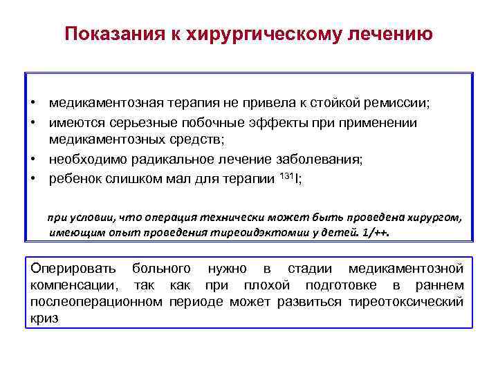 Показания к хирургическому лечению • медикаментозная терапия не привела к стойкой ремиссии; • имеются