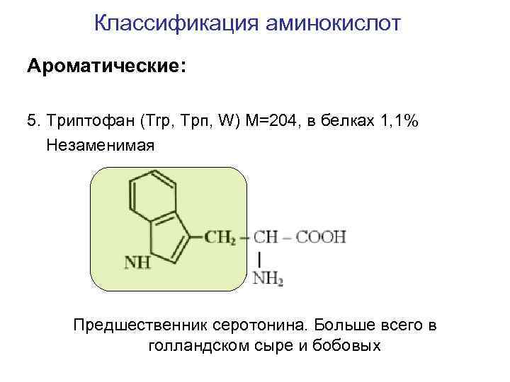 Классификация аминокислот Ароматические: 5. Триптофан (Trp, Трп, W) M=204, в белках 1, 1% Незаменимая