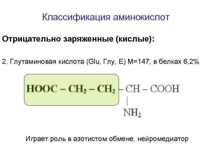 Классификация аминокислот Отрицательно заряженные (кислые): 2. Глутаминовая кислота (Glu, Глу, E) M=147, в белках