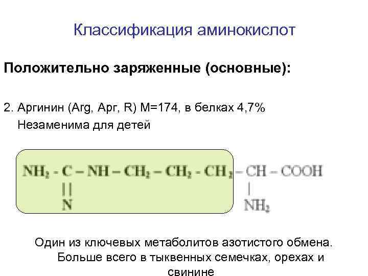 Классификация аминокислот Положительно заряженные (основные): 2. Аргинин (Arg, Арг, R) M=174, в белках 4,