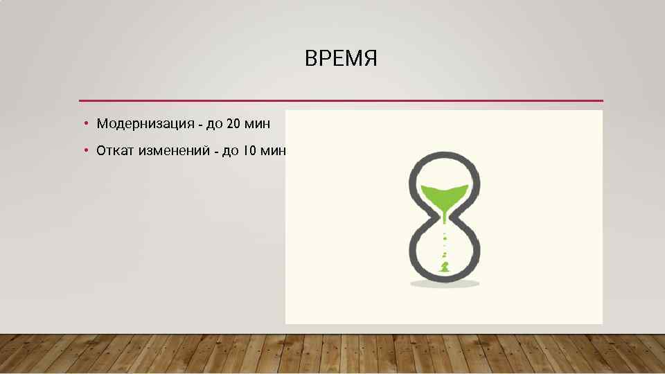 ВРЕМЯ • Модернизация - до 20 мин • Откат изменений - до 10 мин
