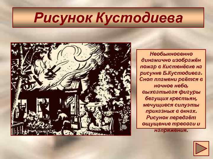 Рисунок Кустодиева Необыкновенно динамично изображён пожар в Кистенёвке на рисунке Б. Кустодиева. Сноп пламени