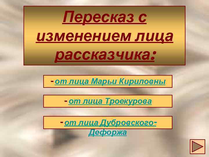 Пересказ с изменением лица рассказчика: - от лица Марьи Кириловны - от лица Троекурова