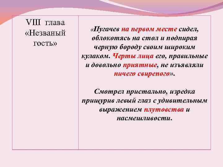 Пугачев на первом месте сидел облокотясь на стол и подпирая черную бороду своим широким кулаком