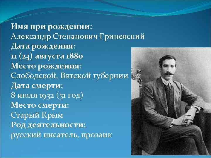 Имя при рождении: Александр Степанович Гриневский Дата рождения: 11 (23) августа 1880 Место рождения: