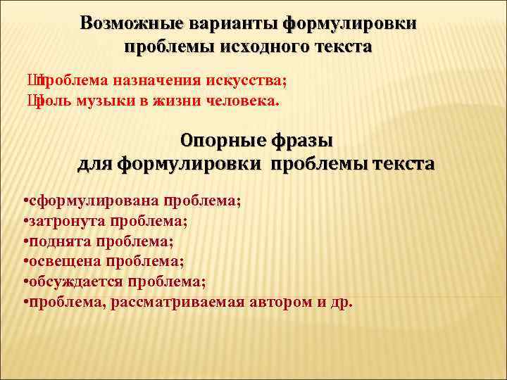 Возможные варианты формулировки проблемы исходного текста Ш проблема назначения искусства; Ш роль музыки в