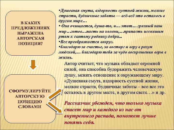 В КАКИХ ПРЕДЛОЖЕНИЯХ ВЫРАЖЕНА АВТОРСКАЯ ПОЗИЦИЯ? СФОРМУЛИРУЙТЕ АВТОРСКУЮ ПОЗИЦИЮ СЛОВАМИ • Душевная смута, вздорность