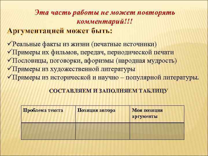 Эта часть работы не может повторять комментарий!!! Аргументацией может быть: üРеальные факты из жизни