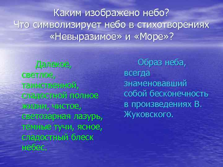 Каким изображено небо? Что символизирует небо в стихотворениях «Невыразимое» и «Море» ? Далекое, светлое,