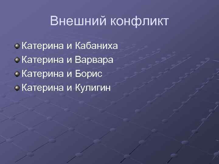 Внешний конфликт Катерина и Кабаниха Катерина и Варвара Катерина и Борис Катерина и Кулигин