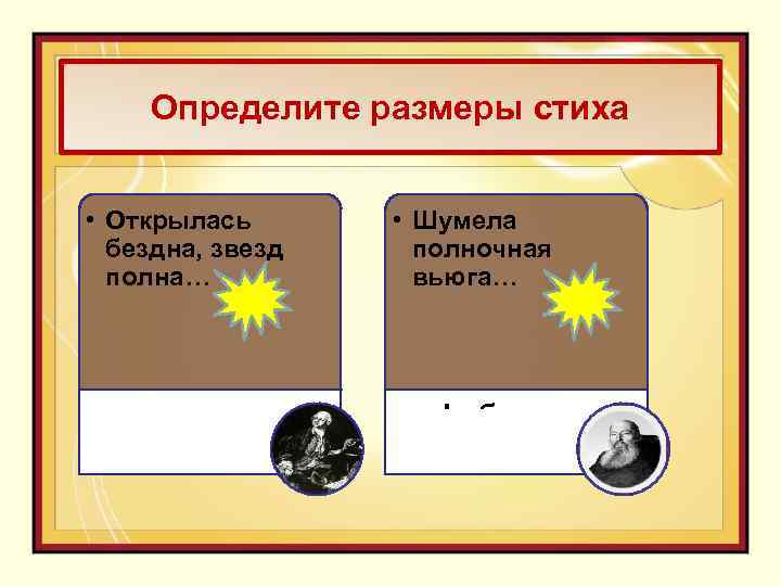 Определите размеры стиха • Открылась бездна, звезд полна… • Шумела полночная вьюга… Ямб амфибрах