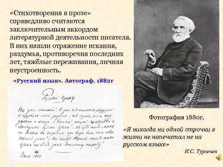  «Стихотворения в прозе» справедливо считаются заключительным аккордом литературной деятельности писателя. В них нашли